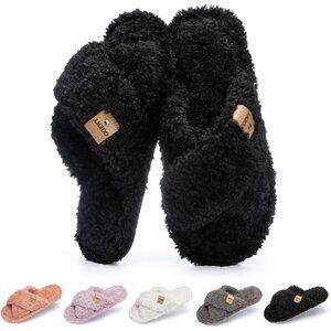 ⚡Women’s Black Faux Fur Cozy Fuzzy Cross Band Slippers Indoor House Shoes